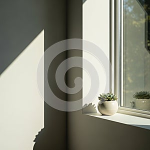 Sunlight streams in from the right, casting sharp shadows on the wall and