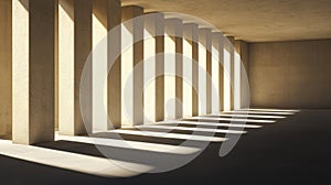 Sunlight streams through a series of vertical columns, casting a pattern of shadows on the floor.