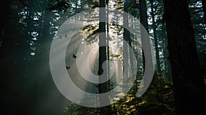 Misty Forest Sunlight Rays Flying Birds