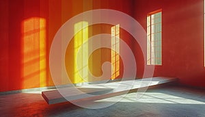 Sunlight streams through tall windows onto red walls and a stark platform in a minimalist interior