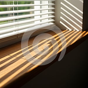Sunlight streams through white horizontal blinds, casting parallel shadows on a