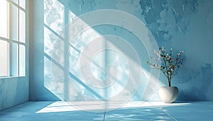 Sunlight streaming through window casting geometric shadows on textured blue wall and floor