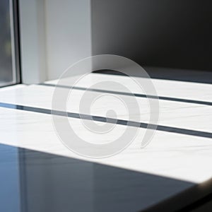 Sunlight streams through a window, casting linear shadows on a smooth, white surface. The light