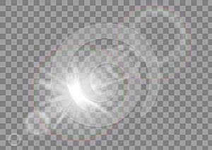 Sunlight sun sparkle with lens flare effect on transparent vector background.