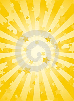 Sunlight vertical background. Golden yellow color burst background with shining stars. Vector illustration