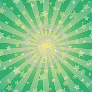 Sunlight vertical background. Green and gold color burst background with shining stars. Vector illustration