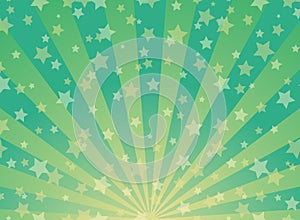 Sunlight wide background. Green and gold color burst background with shining stars