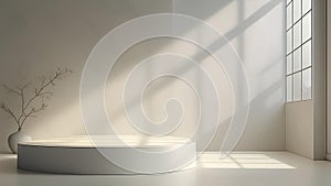 Sunlight from the window casts a shadow on a light wall.Empty simple background for presentation with wall and podium. Interior of