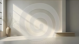 Sunlight from the window casts a shadow on a light wall.Empty simple background for presentation with wall and podium. Interior of