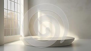 Sunlight from the window casts a shadow on a light wall.Empty simple background for presentation with wall and podium. Interior of