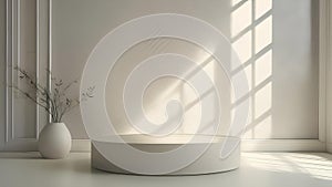 Sunlight from the window casts a shadow on a light wall.Empty simple background for presentation with wall and podium. Interior of