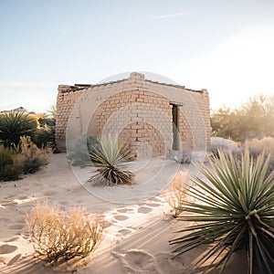 Sunlit Adobe Brick Structure in Desert Landscape