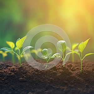 Sunlit agriculture plant seedlings Growing in germination sequence on fertile soil