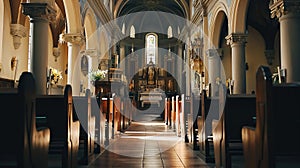 The sunlit aisle of an empty church with ornate architecture, leading to an altar with religious statues and stained