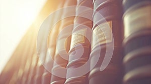 Sunlit antique books, library shelf, knowledge, research