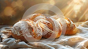 Sunlit Artisan Bread Loaves with Flour Dusting on Linen Cloth