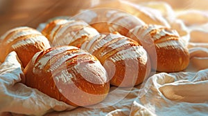 Sunlit Artisan Bread: Round Loaves with Flour Dusting on Linen Cloth