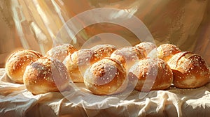 Sunlit Artisan Bread: Round Loaves with Flour Dusting on Linen Cloth