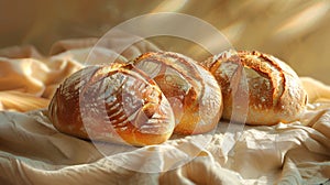 Sunlit Artisan Bread: Round Loaves with Flour Dusting on Linen Cloth