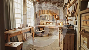 Sunlit artisan woodworking workshop with hand tools displayed on brick wall