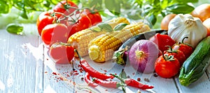 Sunlit Assortment of Fresh Vegetables on Wooden Board. Healthy and natural ingredient for Mexican food