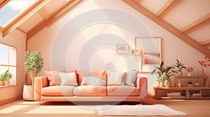 Sunlit attic living room with a peach fuzz sofa and lively green plants enhancing a cozy ambiance. Charming interior of living