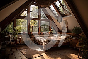 a sunlit attic room with large windows, overlooking a lush and peaceful garden