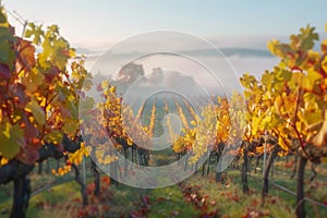 Sunlit autumn vineyard with misty background at sunrise