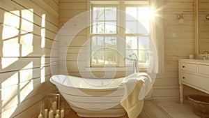 A sunlit bathroom with a freestanding bathtub p next to a window creating a spalike atmosphere. .