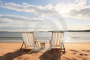 sunlit beach with two empty deck chairs facing the ocean