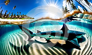 Sunlit Beach with Underwater Shark