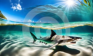 Sunlit Beach with Underwater Shark