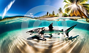 Sunlit Beach with Underwater Shark