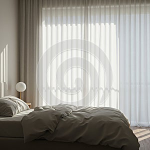 Sunlit bedroom featuring a neatly made bed with light gray sheets and pillows. Diffus