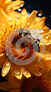 Sunlit bees amass pollen, embodying natures partnership in sunflower nectar collection