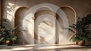 Sunlit Beige Room with Three Arches and Plants