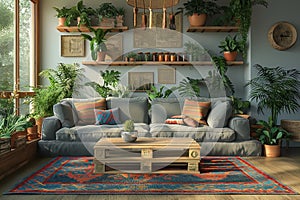 Sunlit botanical living space with a comfy couch and vibrant greenery for a homey feel photo