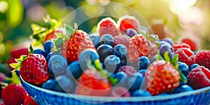 Sunlit bowl brimming with juicy, ripe berries strawberries, blueberries, and raspberries a colorful delight