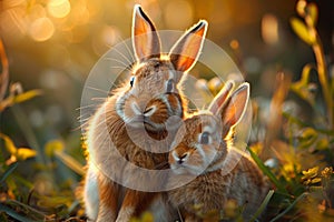 Sunlit bunny love Baby rabbits snuggle with their mother in meadow
