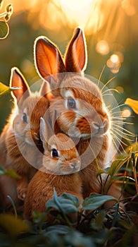 Sunlit bunny love Baby rabbits snuggle with their mother in meadow