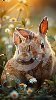 Sunlit bunny love Baby rabbits snuggle with their mother in meadow