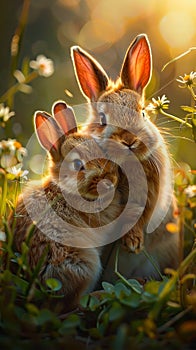 Sunlit bunny love Baby rabbits snuggle with their mother in meadow