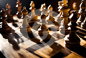 sunlit chessboard with pieces placed for an ongoing match