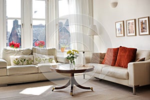 Sunlit classic style living room with two leather sofas and a small round table