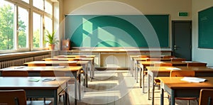 Sunlit classroom with empty desks and a green chalkboard ready for students. Generative AI