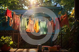 sunlit clothesline with colorful garments