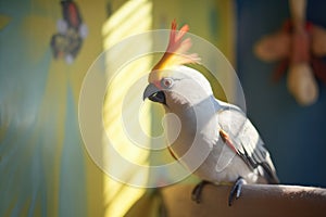 sunlit cockatiel with shadow on aviary wall