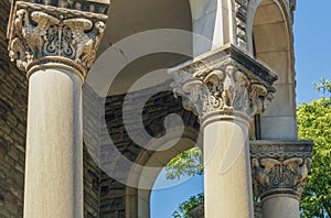 Sunlit columns of the old Roman Catholic church