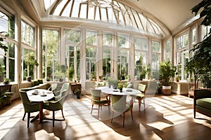 A sunlit conservatory filled with lush greenery,