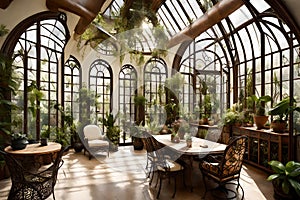 A sunlit conservatory with a wall of arched windows, intricate wrought-iron furniture,